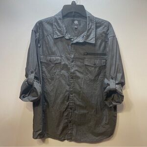 ROCK & REPUBLIC Mens XXL Button Up Shirt Gray Chambray Long and Roll Tab Sleeves